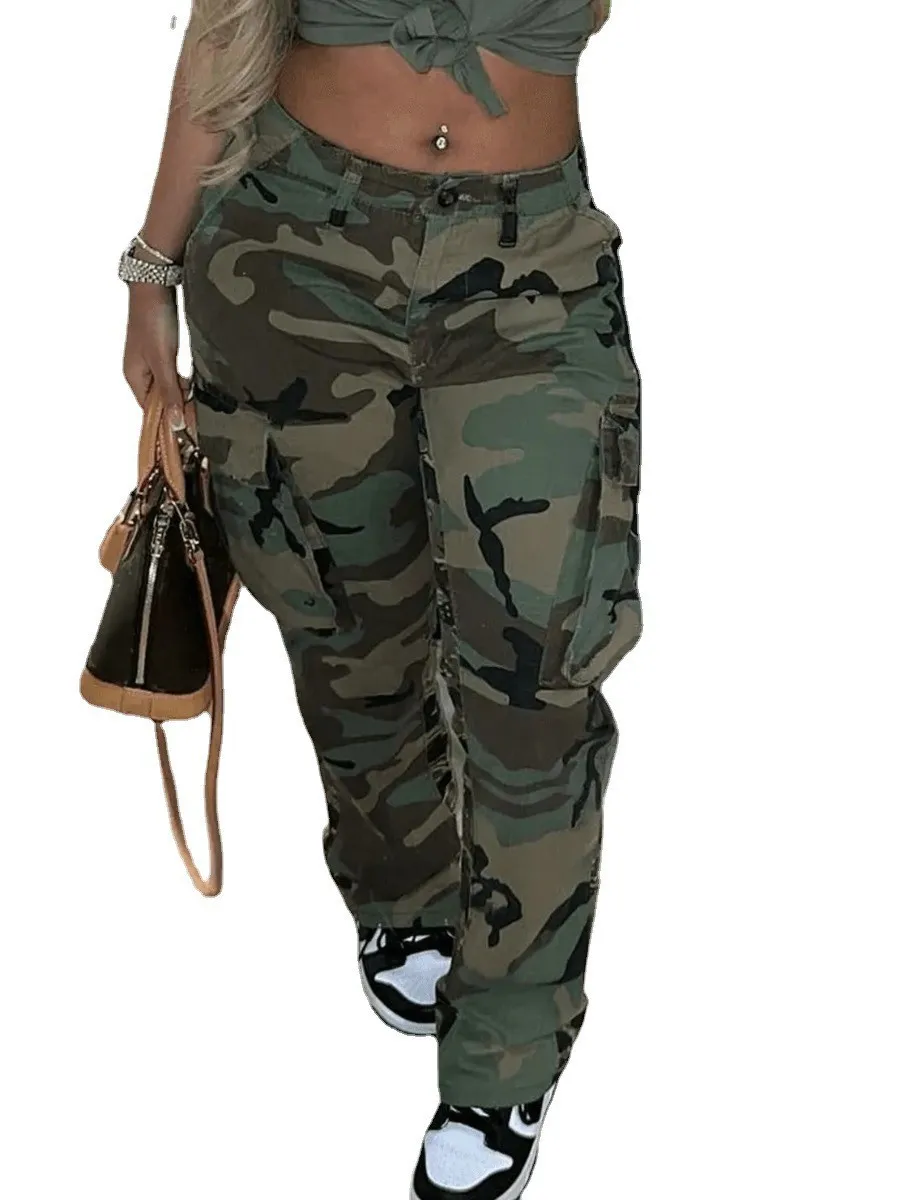 Perl Plus Size High Waist Camouflage Cargo Pants for Women Casual Straight Trousers Street Female Capris Fashion Lady Clothing