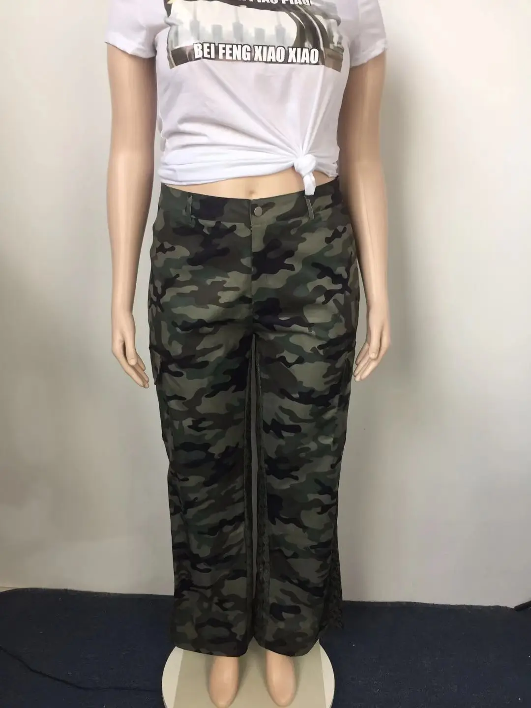 Perl Plus Size High Waist Camouflage Cargo Pants for Women Casual Straight Trousers Street Female Capris Fashion Lady Clothing