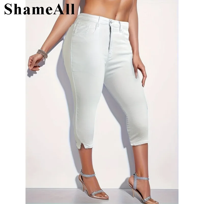 Plus Size Casual Jeans, Women's White Washed Notched Hem Button Fly Skinny Capri Jeans
