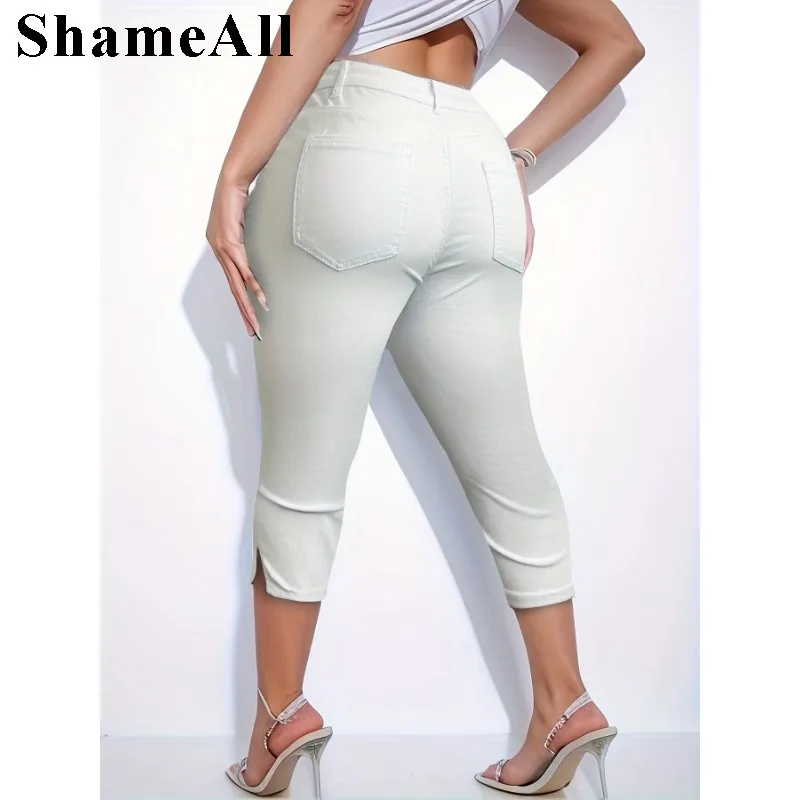 Plus Size Casual Jeans, Women's White Washed Notched Hem Button Fly Skinny Capri Jeans