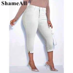 Plus Size Casual Jeans, Women's White Washed Notched Hem Button Fly Skinny Capri Jeans