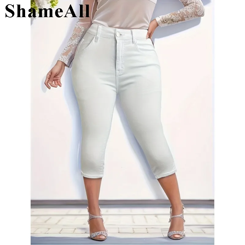 Plus Size Casual Jeans, Women's White Washed Notched Hem Button Fly Skinny Capri Jeans