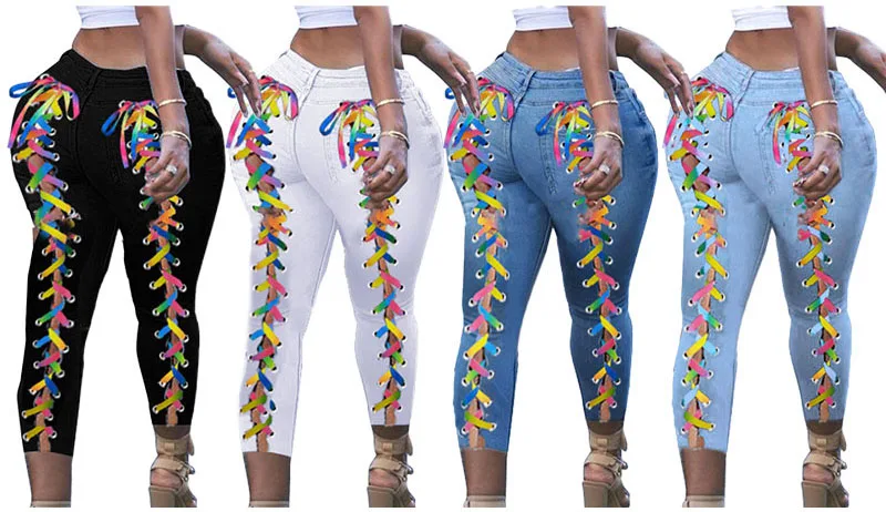 Plus Size Sexy Ribbon Cross Lace Up Super Skinny Ankle Length Jeans 5XL Street Stretchy Ripped Baggy Capris Bandage Melody Pants