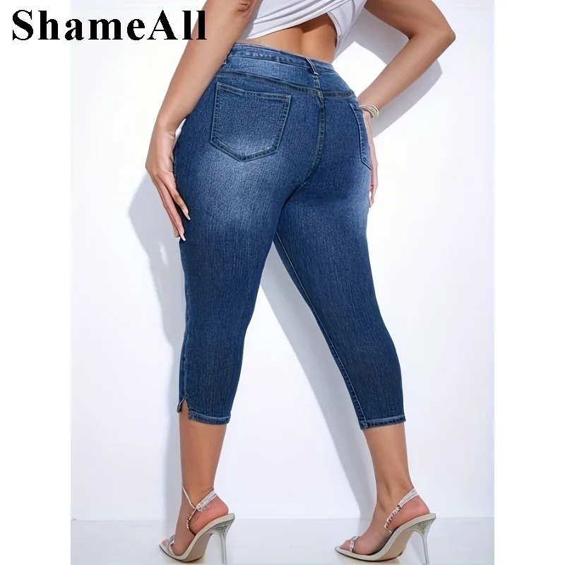 Women's Plus Size Casual Jeans With Pockets,  Button Up Split Hem Skinny Capri Jeans