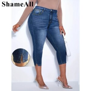 Women's Plus Size Casual Jeans With Pockets,  Button Up Split Hem Skinny Capri Jeans