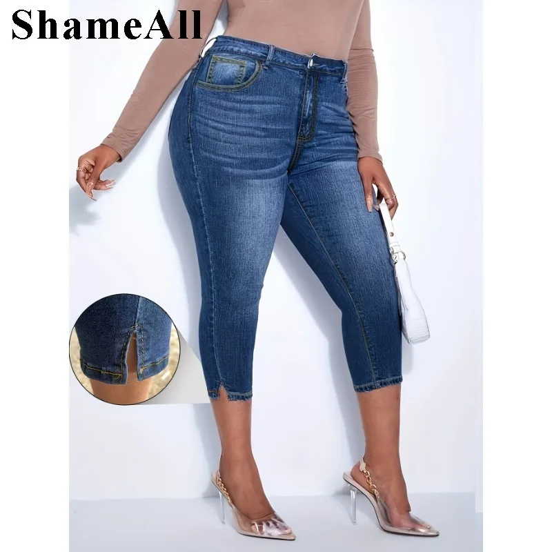 Women's Plus Size Casual Jeans With Pockets,  Button Up Split Hem Skinny Capri Jeans