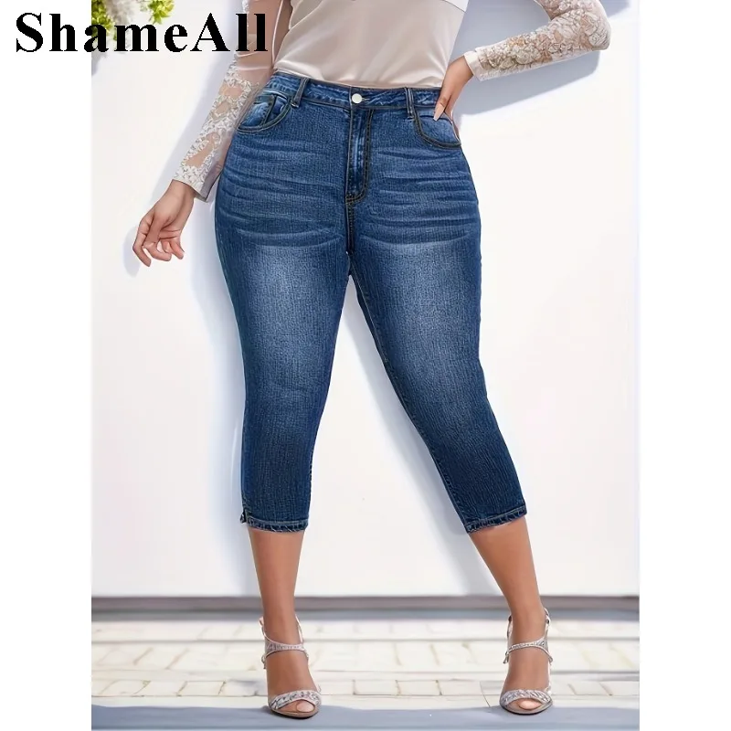 Women's Plus Size Casual Jeans With Pockets,  Button Up Split Hem Skinny Capri Jeans