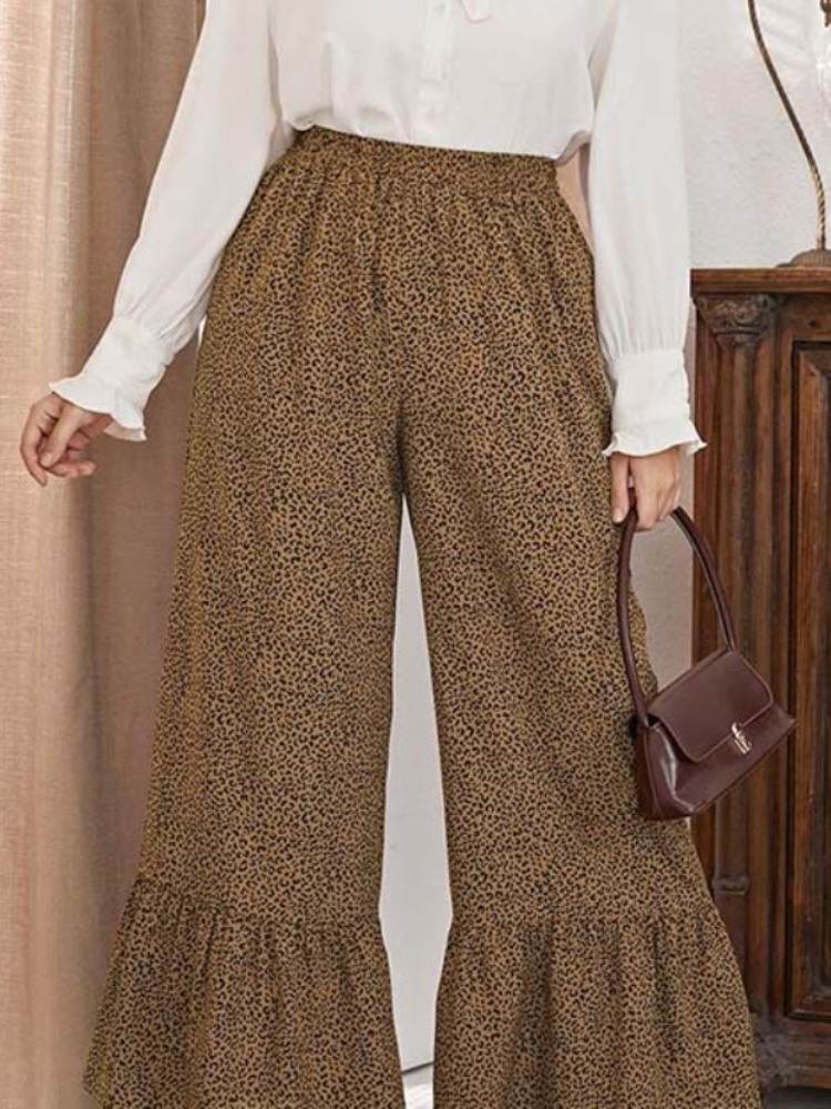 Leopard Printed Pants for Women Office Casual Plus Size High Waist Wide Leg Ankle Length Trousers Autumn Trendy Capris 3XL 4XL
