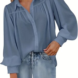 Women's Fashion Plus Size 1XL-5XL Basic Blouse Ladoes Solid Button Up Lantern Sleeve Turn Down Collar Blouse Shirt