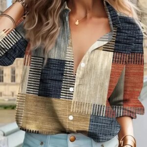 Women Fashion Plus Size 1XL-5XL Casual Blouse Women's Patchwork Print Long Sleeve Button Up Lapel Collar Shirt Top