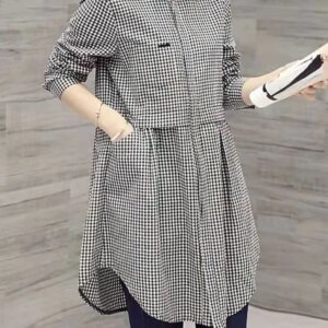 Plus Size New Korean Fashion Blouses Plaid Button Solid Midi Autumn Shirt Female All-match Loose Long Sleeve Polo-Neck Blouse