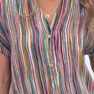 Plus Size Striped Print Blouse, Casual Round Collar Half Sleeve Blouse For Spring, Women's Plus Size Clothing