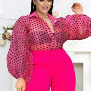 Plus Size Tops Rose Turn Down Collar Long Puff Sleeve See Through Organza Polka Dot Blouse Office Lady Evening Party Shirts Top