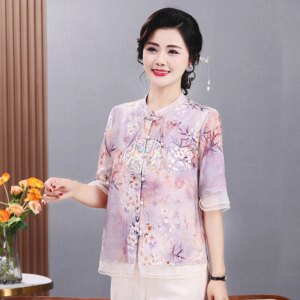 Women's Chiffon Summer Blouse Plus Size Shirt T-shirt Retro Pattern Lapel Half Sleeve Top Women's 2024 New Clothing