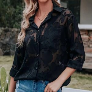 Jacquard Single Breasted Women's Shirt Plus Size Long Sleeve See Through Elegant Retro Office Lady Pocket Loose Blouse Femme Top