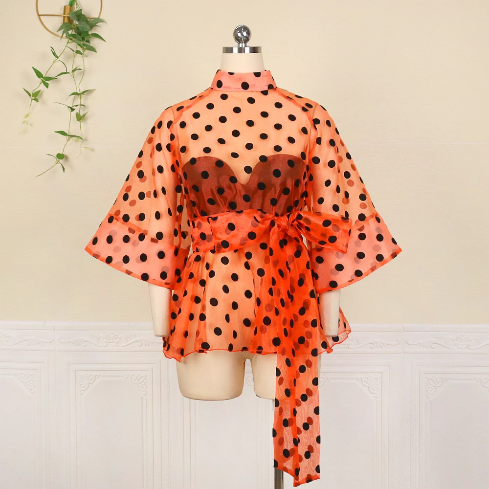 Plus Size Women White Blouses Polka Dot Peplum See Through Sexy Thin Transparent Half Flare Sleeve Waist Belt Tops Shirt Fashion