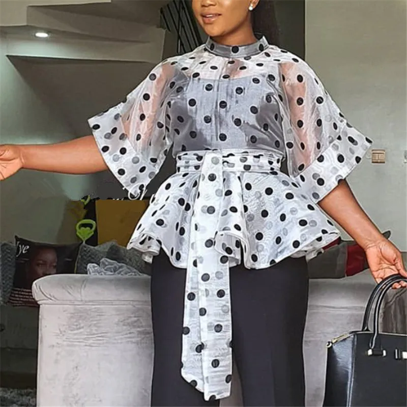 Plus Size Women White Blouses Polka Dot Peplum See Through Sexy Thin Transparent Half Flare Sleeve Waist Belt Tops Shirt Fashion