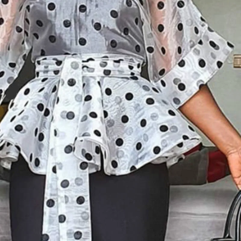 Plus Size Women White Blouses Polka Dot Peplum See Through Sexy Thin Transparent Half Flare Sleeve Waist Belt Tops Shirt Fashion