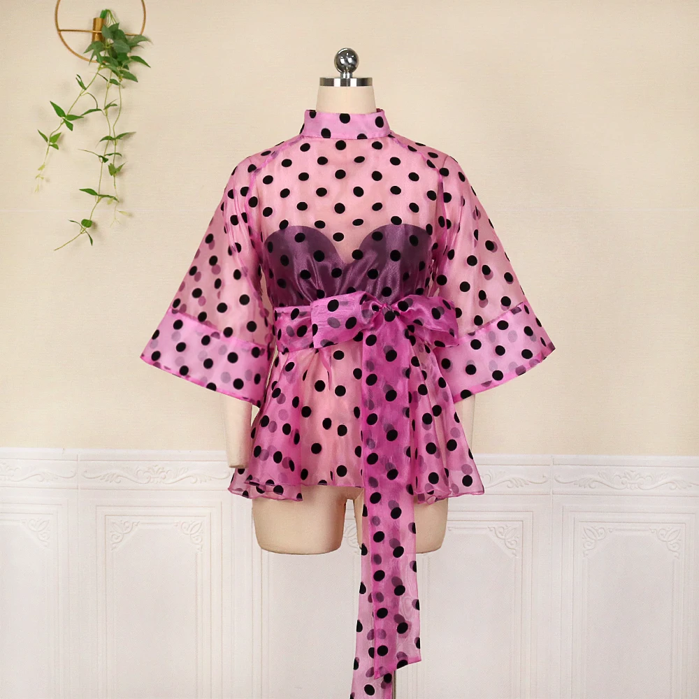 Plus Size Women White Blouses Polka Dot Peplum See Through Sexy Thin Transparent Half Flare Sleeve Waist Belt Tops Shirt Fashion