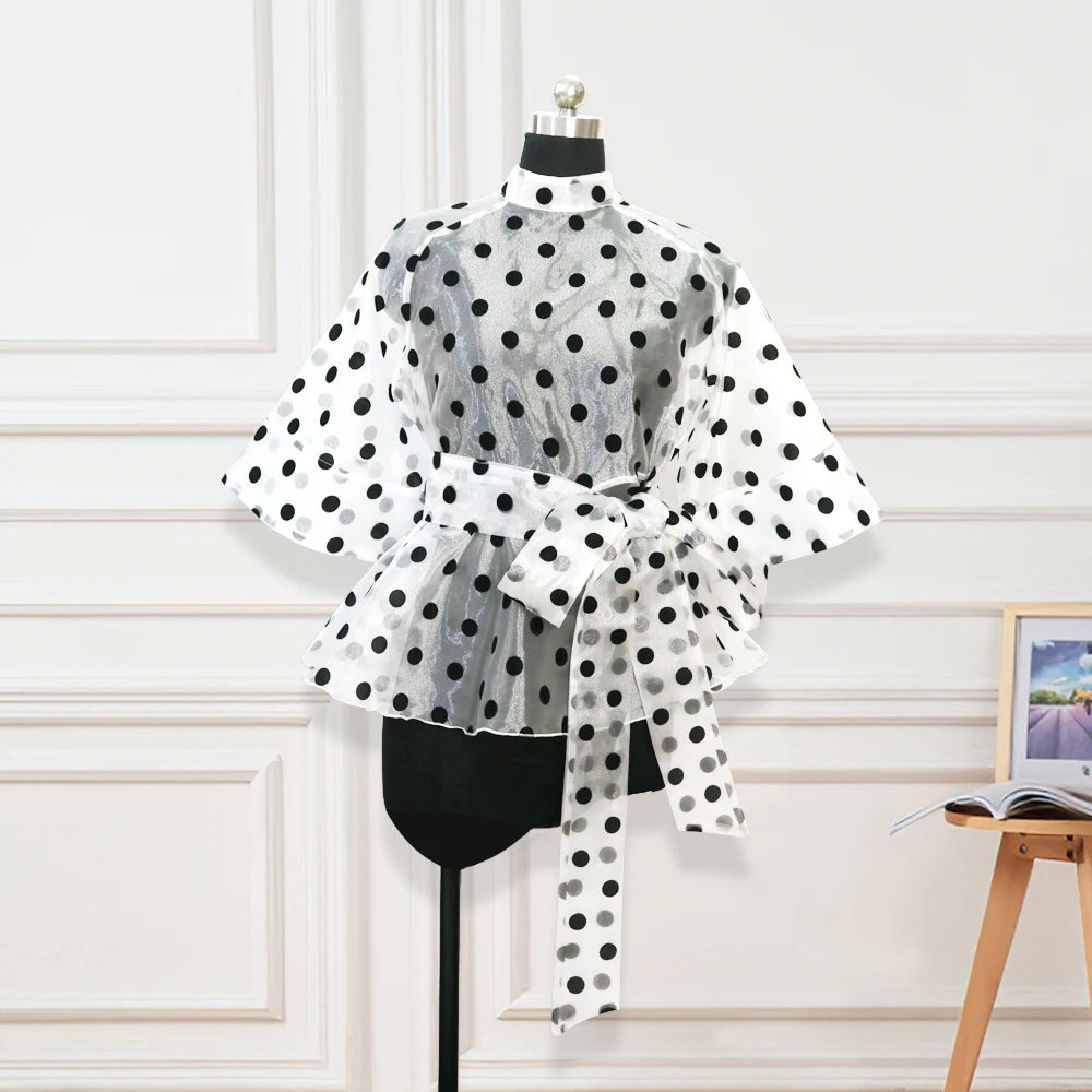 Plus Size Women White Blouses Polka Dot Peplum See Through Sexy Thin Transparent Half Flare Sleeve Waist Belt Tops Shirt Fashion
