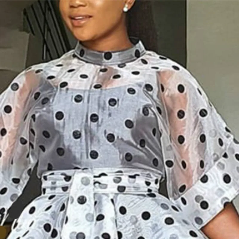 Plus Size Women White Blouses Polka Dot Peplum See Through Sexy Thin Transparent Half Flare Sleeve Waist Belt Tops Shirt Fashion