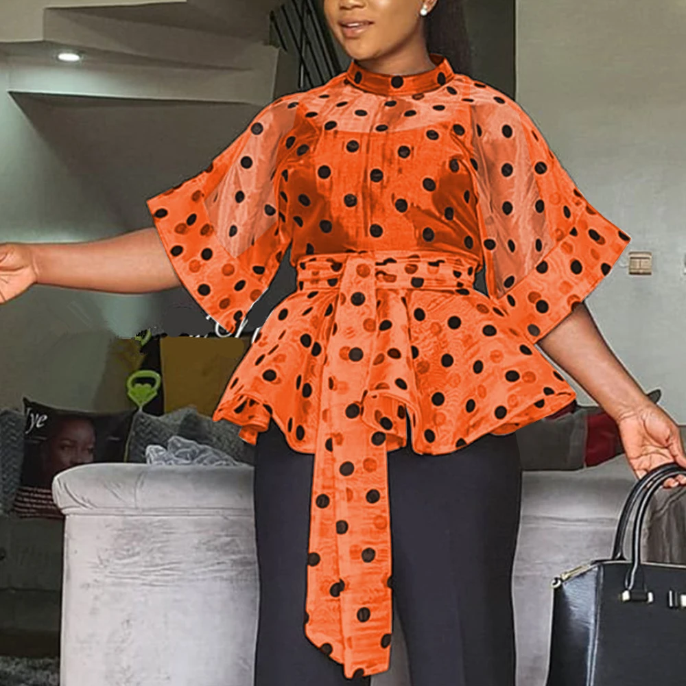 Plus Size Women White Blouses Polka Dot Peplum See Through Sexy Thin Transparent Half Flare Sleeve Waist Belt Tops Shirt Fashion