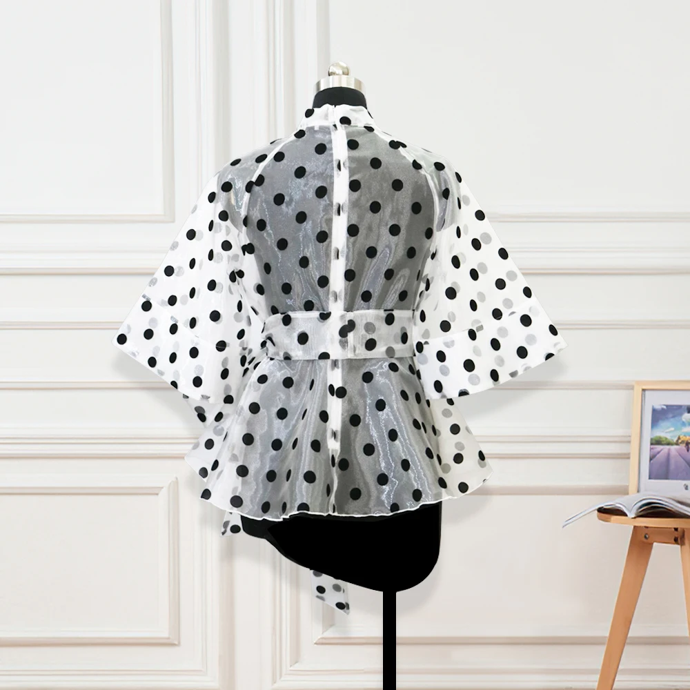Plus Size Women White Blouses Polka Dot Peplum See Through Sexy Thin Transparent Half Flare Sleeve Waist Belt Tops Shirt Fashion