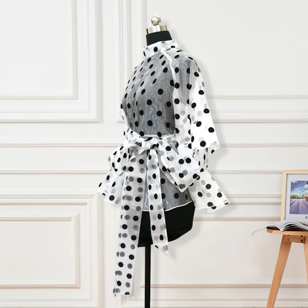 Plus Size Women White Blouses Polka Dot Peplum See Through Sexy Thin Transparent Half Flare Sleeve Waist Belt Tops Shirt Fashion