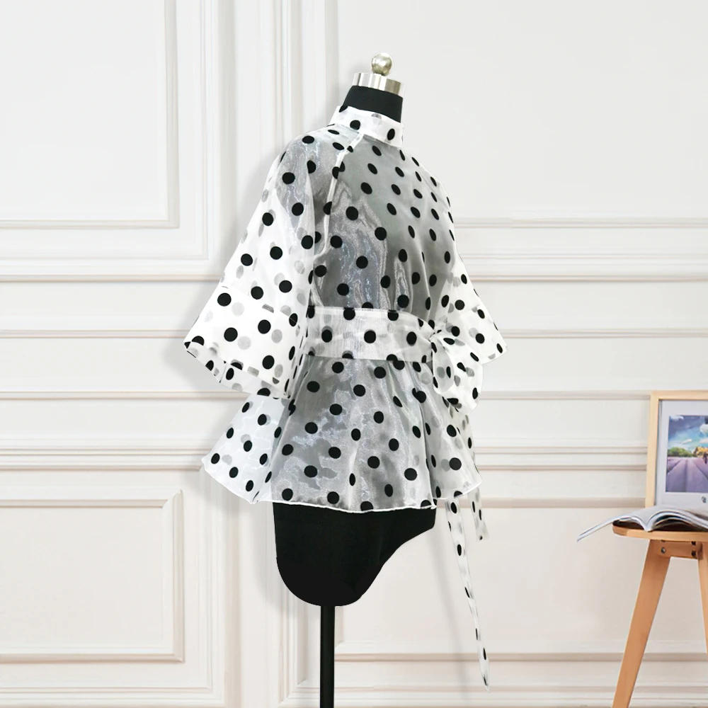 Plus Size Women White Blouses Polka Dot Peplum See Through Sexy Thin Transparent Half Flare Sleeve Waist Belt Tops Shirt Fashion