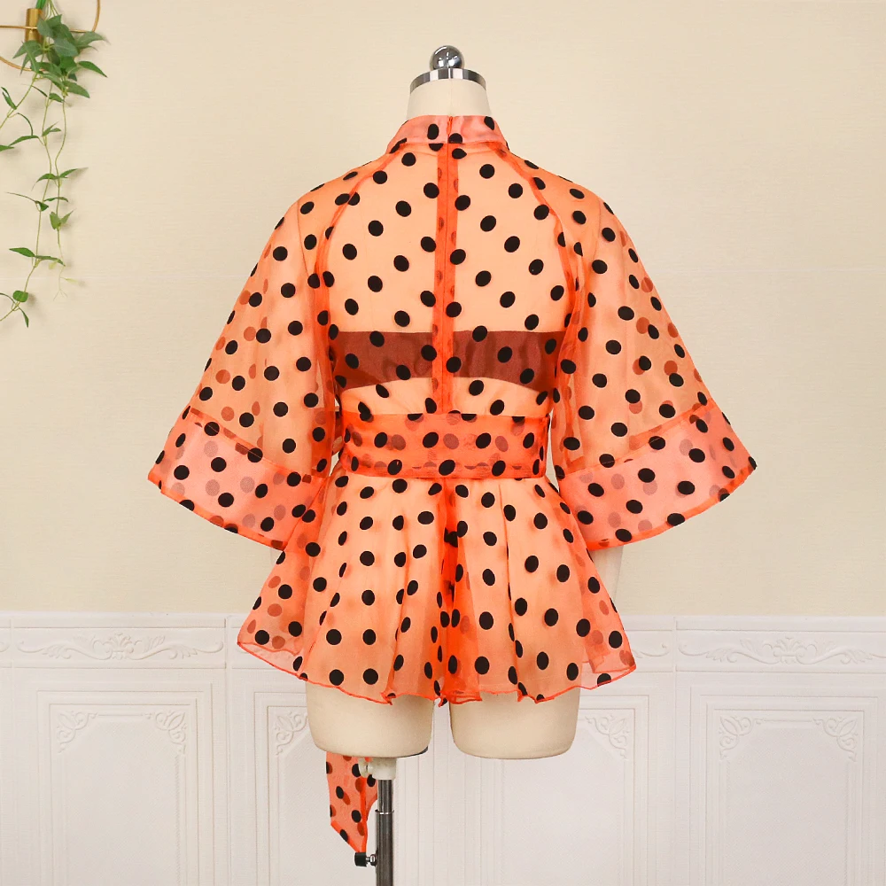 Plus Size Women White Blouses Polka Dot Peplum See Through Sexy Thin Transparent Half Flare Sleeve Waist Belt Tops Shirt Fashion