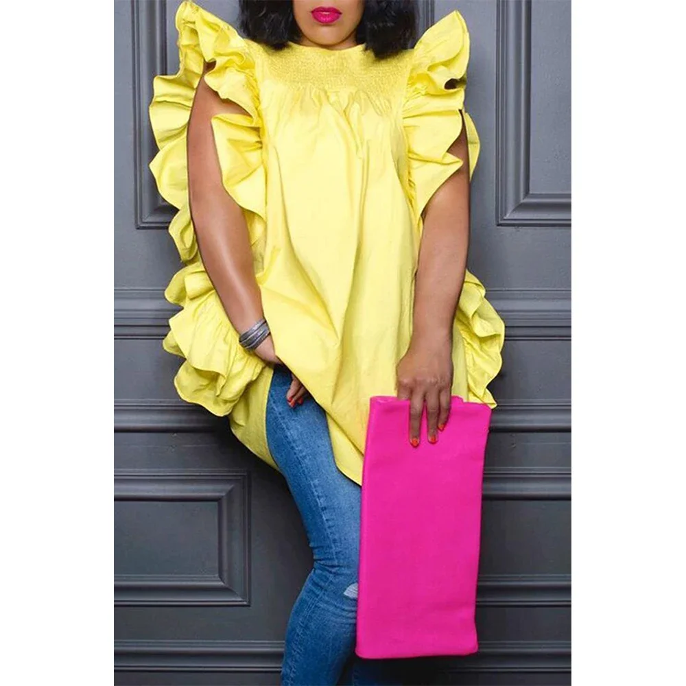 Women Plus Size Shirt Ruffle Sleeve Stand Collar Sleeveless Loose Solid Casual Elegant Vintage Blouse Top for Women Shirt 2024