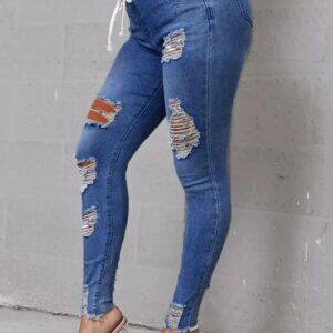 Plus Size High-Waist High Stretchy Ripped Distressed Jeans Denim Casual Solid Basic Women Elastic Waist Daily Trousers