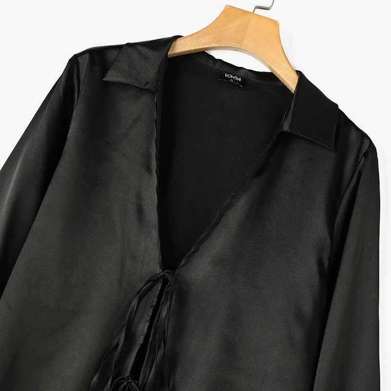 Plus Size VONDA Women Satin Shirts Well Fitting Solid Color Center Lace Up Tops Fashion Elegant Blouses Casual Long Sleeve Tops