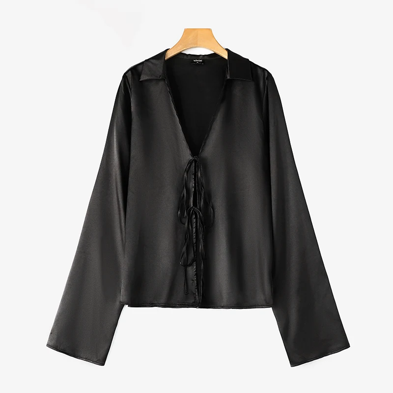 Plus Size VONDA Women Satin Shirts Well Fitting Solid Color Center Lace Up Tops Fashion Elegant Blouses Casual Long Sleeve Tops