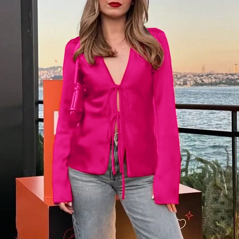 Plus Size VONDA Women Satin Shirts Well Fitting Solid Color Center Lace Up Tops Fashion Elegant Blouses Casual Long Sleeve Tops