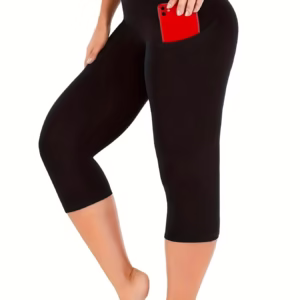Plus Size Women Casual High Waist With Pockets Yoga Workout Capri Leggings