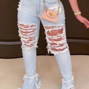 LW Plus Size Ripped Flared High Stretchy Jeans Streetwear Straight Pants Loose Wide Leg Pants Ladies Jeans Y2K Summer Jean