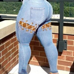 LW Plus Size Jeans High Stretchy Bandage Hollow-out Design Baby blue Jeans casual Cut Out Tight Pencil Jeans Women Denim trouser