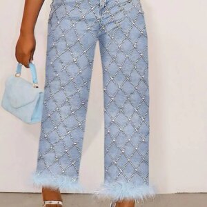 Fashion Women's Denim Pant Plus Size Daily Jean Light Blue Denim High Waist Drilling Straight Leg Feather Jean Ankle-Length Pant