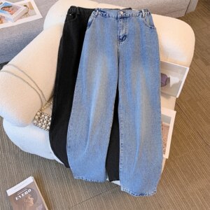 Plus size women's spring and autumn casual jeans classic design black blue washed denim fabric comfortable and versatile