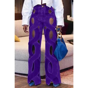 Plus Size Purple Blue Solid Daily High Waist Cut Out Hollowed New Design Straight Leg Denim Pants