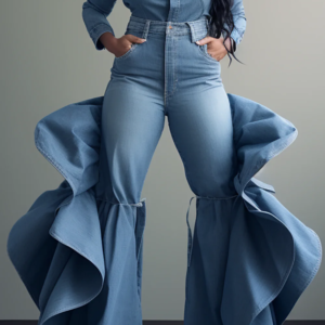 Plus Size Fashionable Women's Blue Jeans High Waist Ruffle Flared Casual Pink Denim Pants Spring Black Skinny Pants