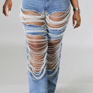 Women Plus Size Pearls Jeans Casual Vintage Cutout High Waist Y2K Streetwear Pearls Denim Jeans Pockets Slim Denim Trousers