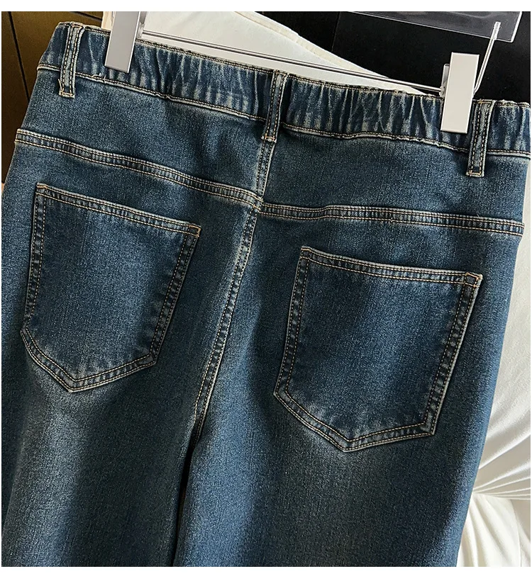 155Kg Plus Size Women's Hip 150-160 Winter Fleece Loose High Waisted Jeans Casual Straight Leg Pants Blue 5XL 6XL 7XL 8XL 9XL