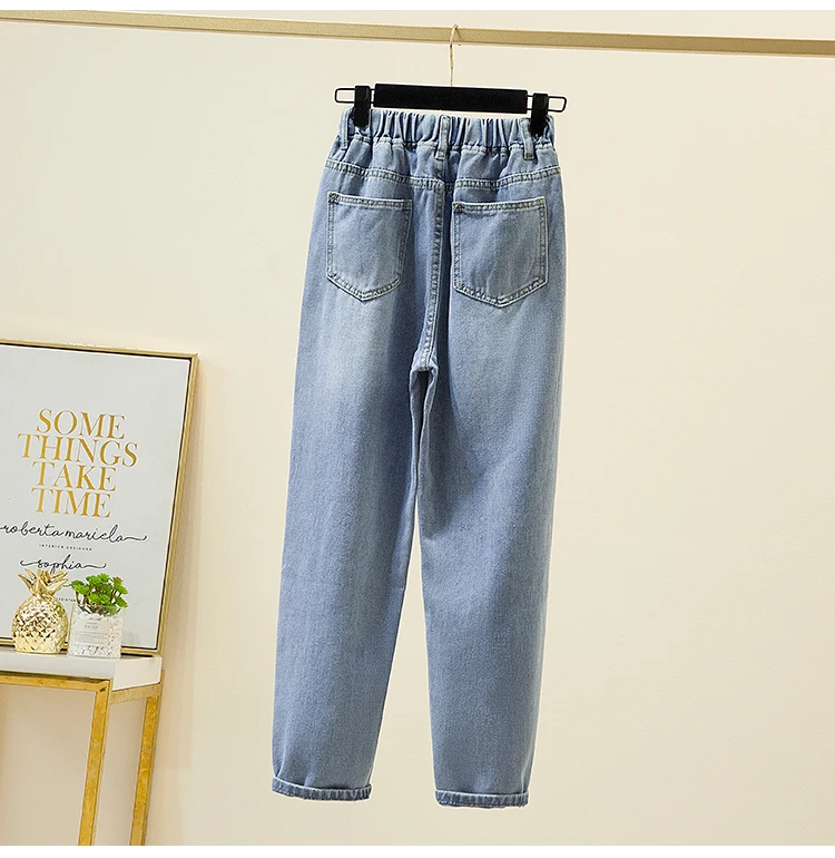 Plus Size Women Jeans 2022 Elastic Waist Loose Denim Pants Ninth Pants Casual Solid Baggy Mom Pants Spring Summer Trousers