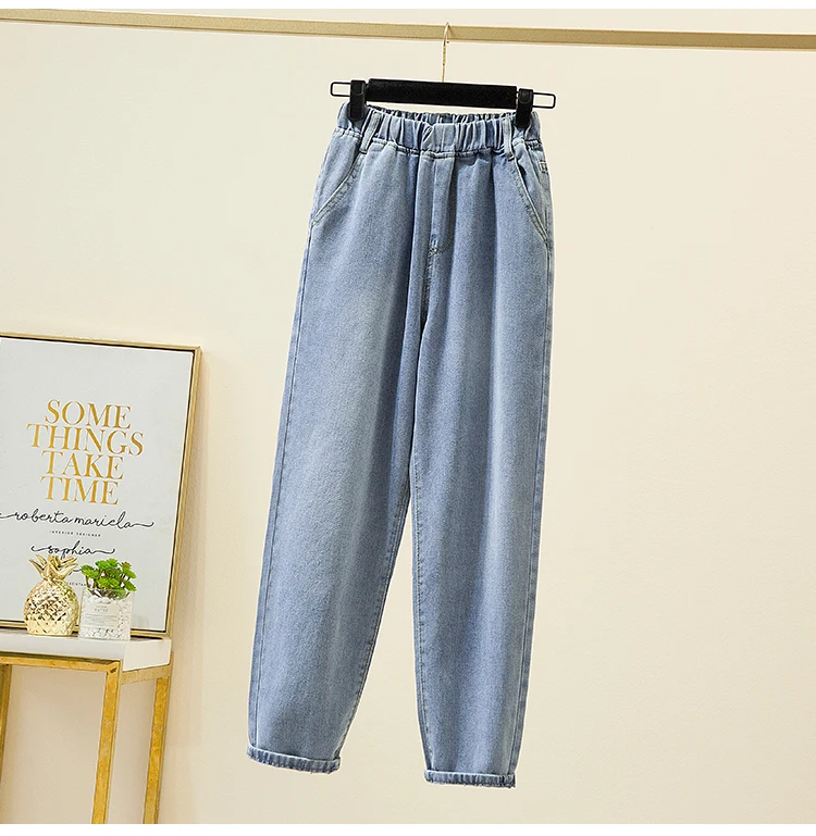 Plus Size Women Jeans 2022 Elastic Waist Loose Denim Pants Ninth Pants Casual Solid Baggy Mom Pants Spring Summer Trousers