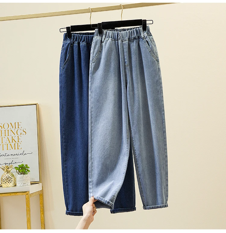 Plus Size Women Jeans 2022 Elastic Waist Loose Denim Pants Ninth Pants Casual Solid Baggy Mom Pants Spring Summer Trousers