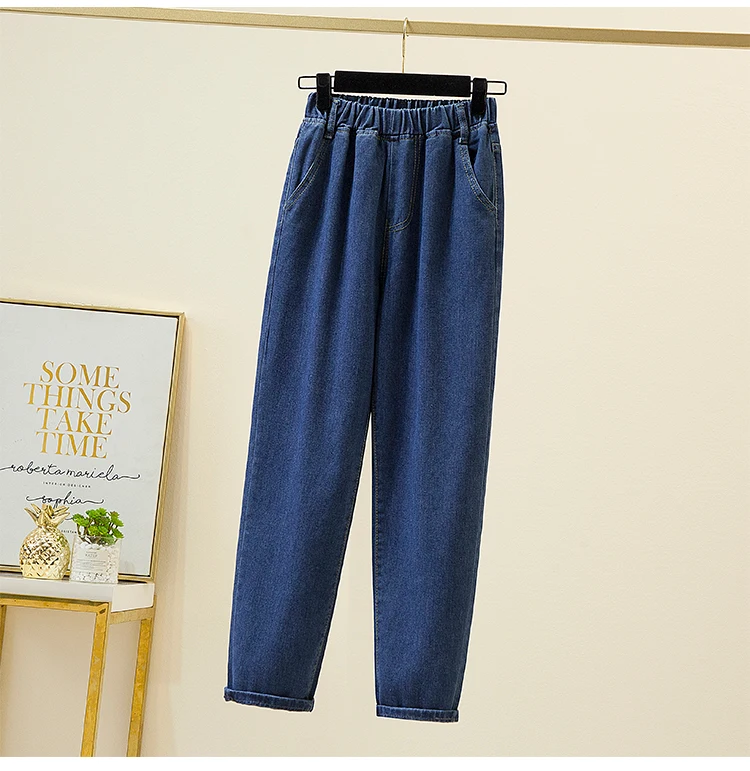 Plus Size Women Jeans 2022 Elastic Waist Loose Denim Pants Ninth Pants Casual Solid Baggy Mom Pants Spring Summer Trousers