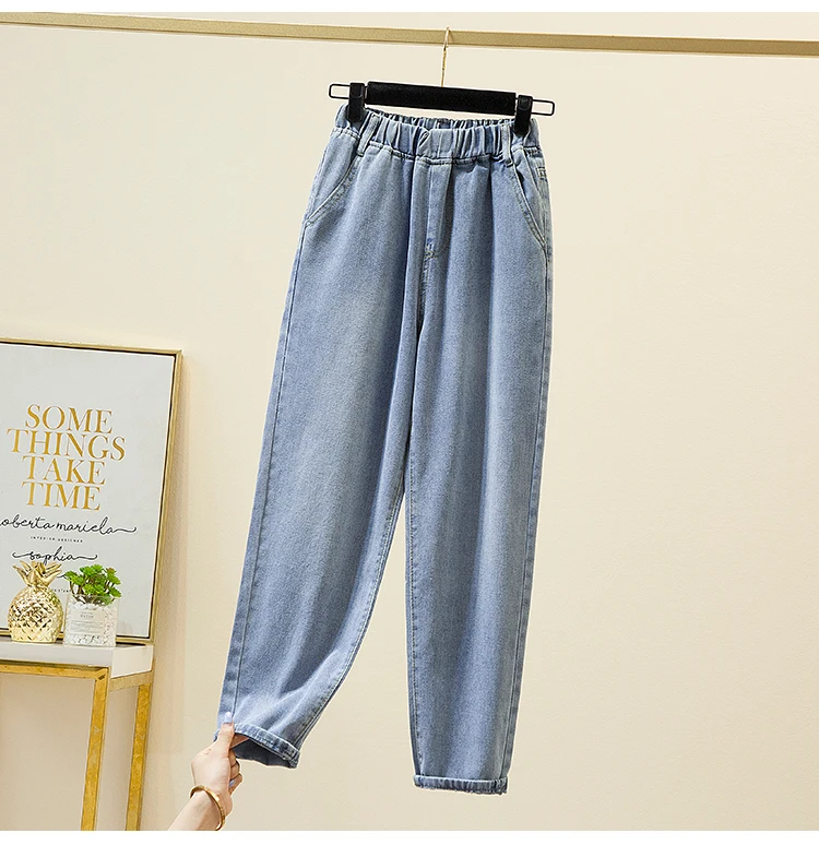 Plus Size Women Jeans 2022 Elastic Waist Loose Denim Pants Ninth Pants Casual Solid Baggy Mom Pants Spring Summer Trousers