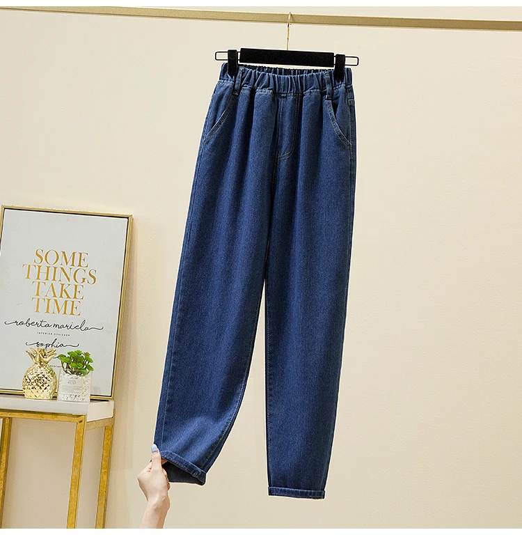 Plus Size Women Jeans 2022 Elastic Waist Loose Denim Pants Ninth Pants Casual Solid Baggy Mom Pants Spring Summer Trousers